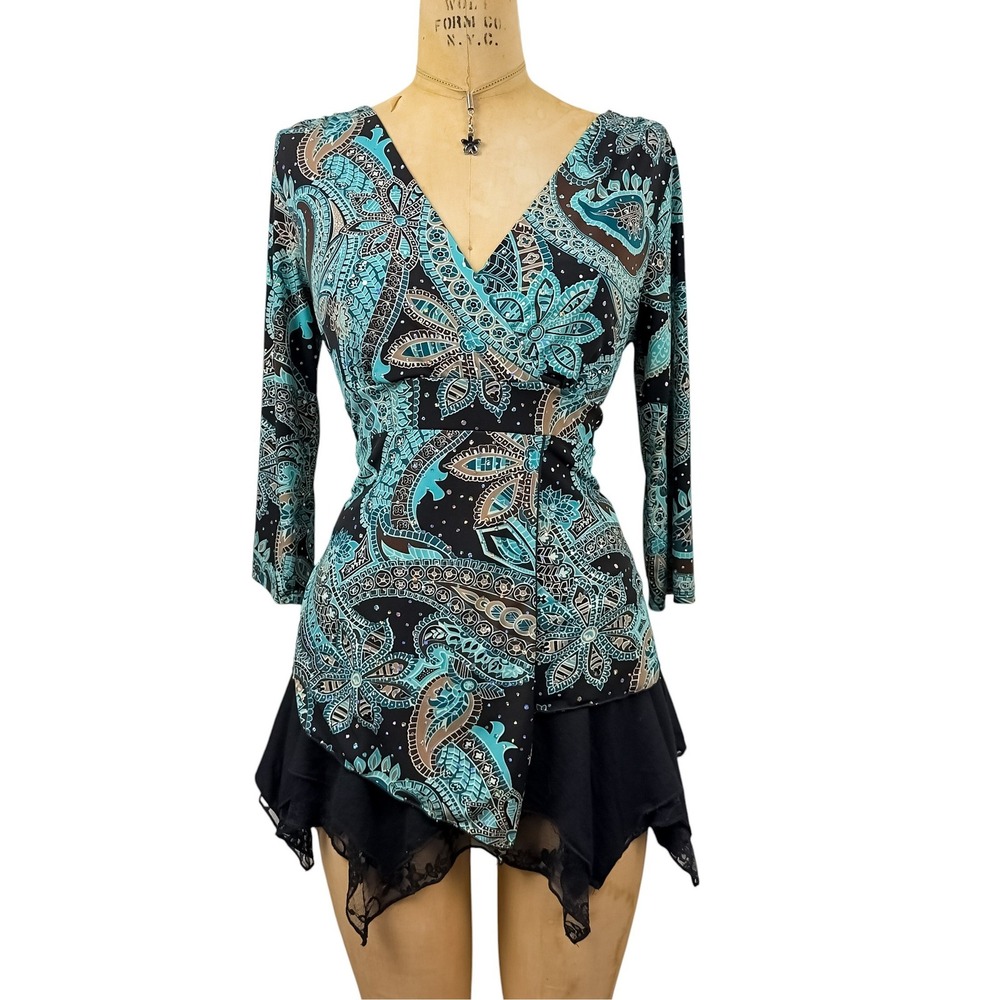 90s Retro Sequin Teal Paisley Wrap Top Asymmetrical Hem 80s Glamoratti Size M